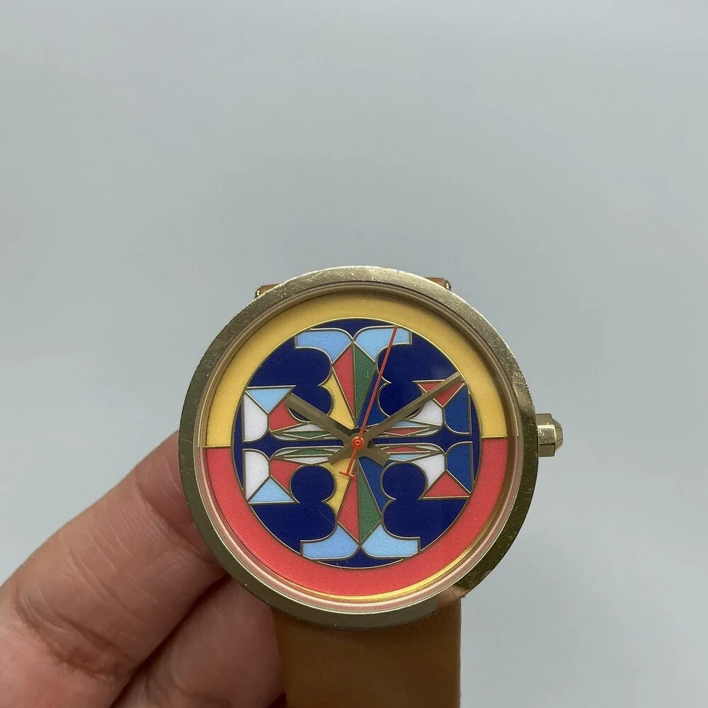 Tory Burch TBW4040 Womens Watch 36mm Multicolor Dial Gold Brown Leather New Batt